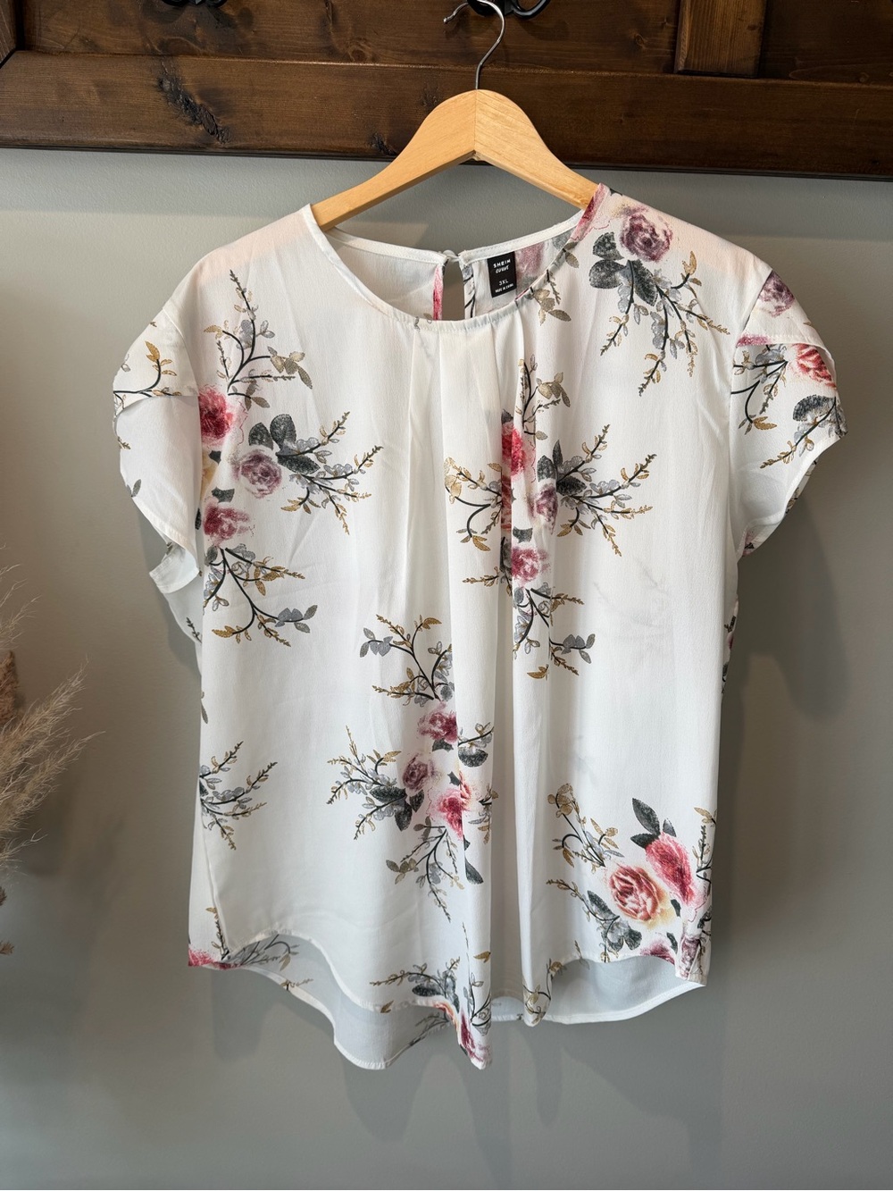 SHEIN White Blouse with Pink Rose Floral Print